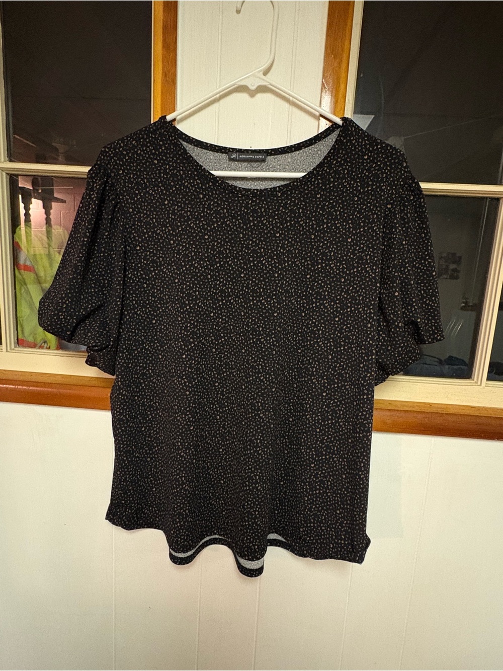 Adrianna Papell Black Short Sleeve Top with Tiny Dot Print